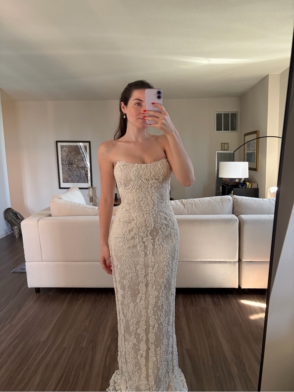 Meshki Eva Hand Beaded Pearl & Lace Maxi Dress - White